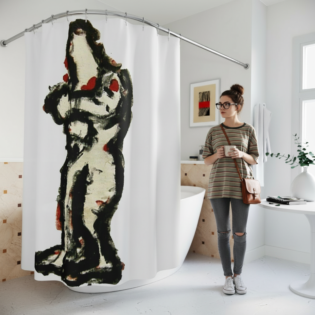 I Am abstract figure art shower curtain on a curved rod in a bright white bathroom with freestanding tub