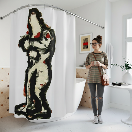 I Am abstract figure art shower curtain on a curved rod in a bright white bathroom with freestanding tub