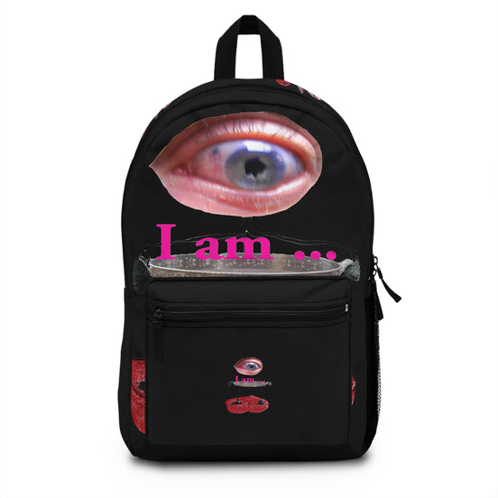 Surreal eye character art backpack on black background from the I Am line by WG Patrick Studios.