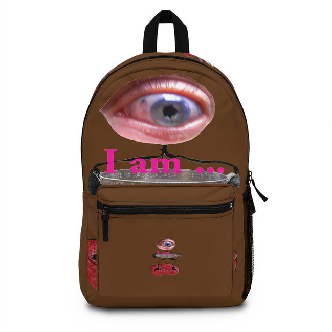 Surreal eye character art backpack on brown background from the I Am line by WG Patrick Studios.