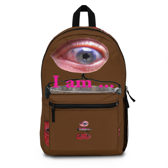 Surreal eye character art backpack on brown background from the I Am line by WG Patrick Studios.