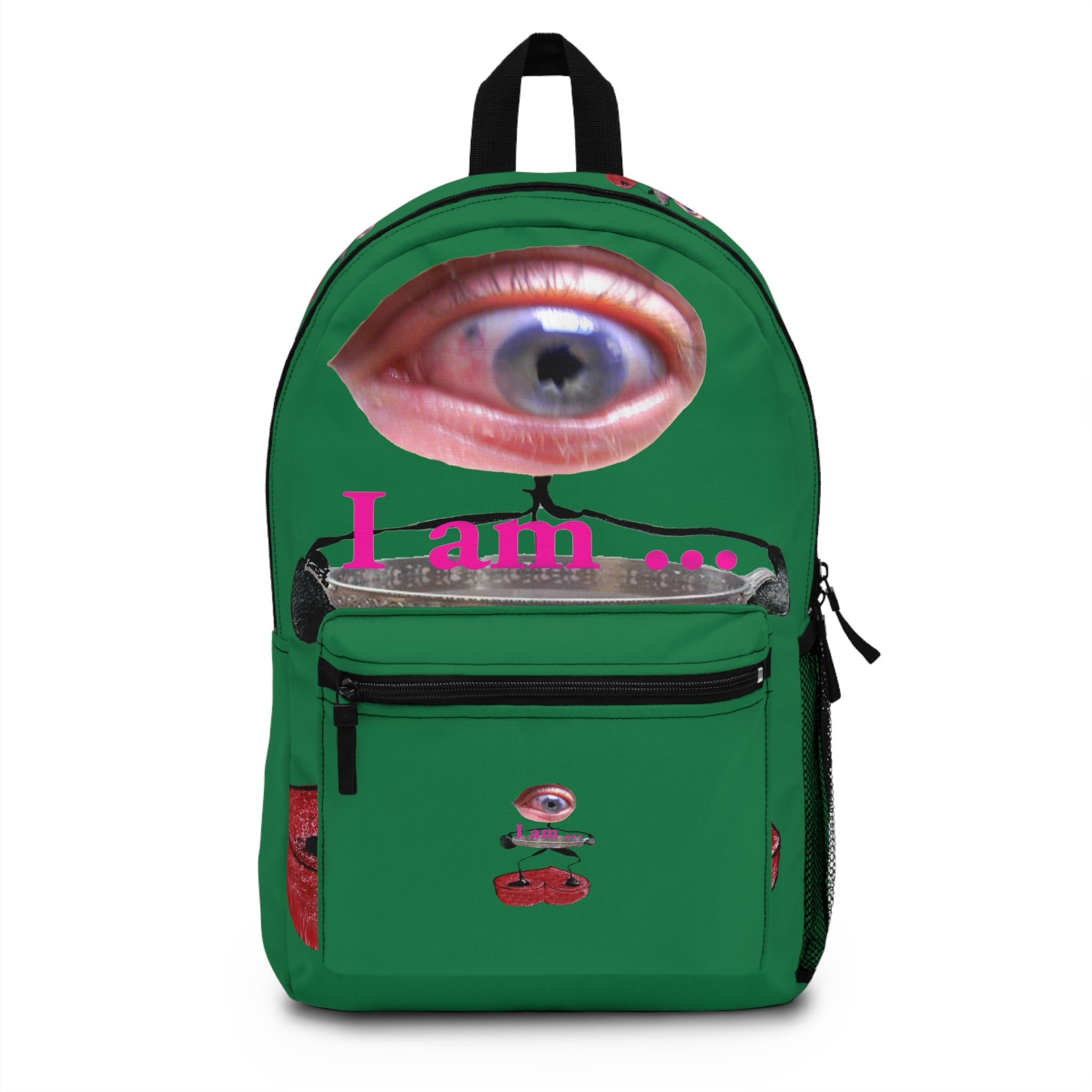Surreal eye character art backpack on dark green background from the I Am line by WG Patrick Studios.