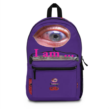 Surreal eye character art backpack on dark purple background from the I Am line by WG Patrick Studios.