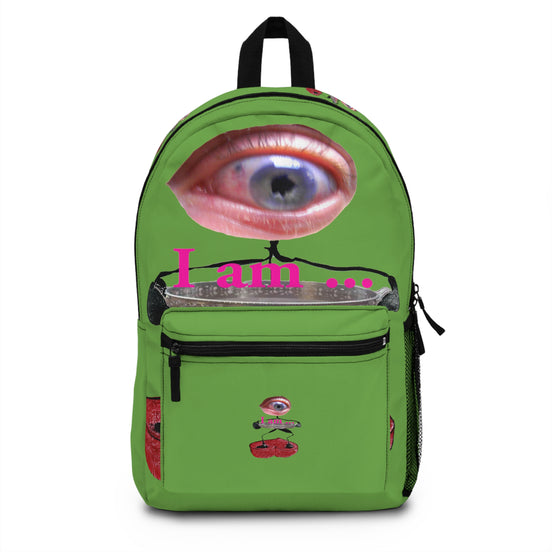 Surreal eye character art backpack on green background from the I Am line by WG Patrick Studios.