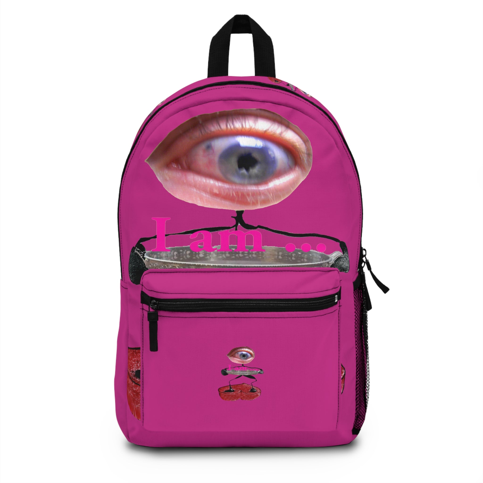 Surreal eye character art backpack on hot pink background from the I Am line by WG Patrick Studios.