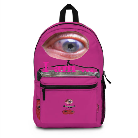 Surreal eye character art backpack on hot pink background from the I Am line by WG Patrick Studios.