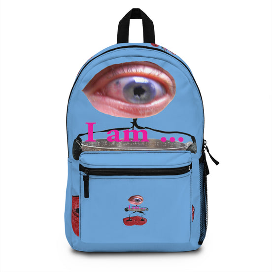 Surreal eye character art backpack on light blue background from the I Am line by WG Patrick Studios.