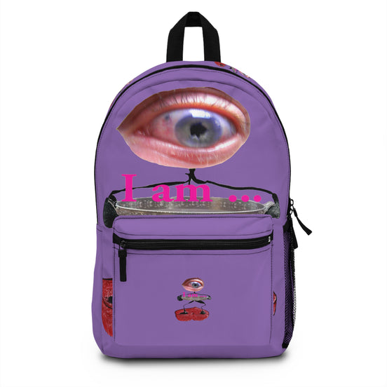 Surreal eye character art backpack on light purple background from the I Am line by WG Patrick Studios.