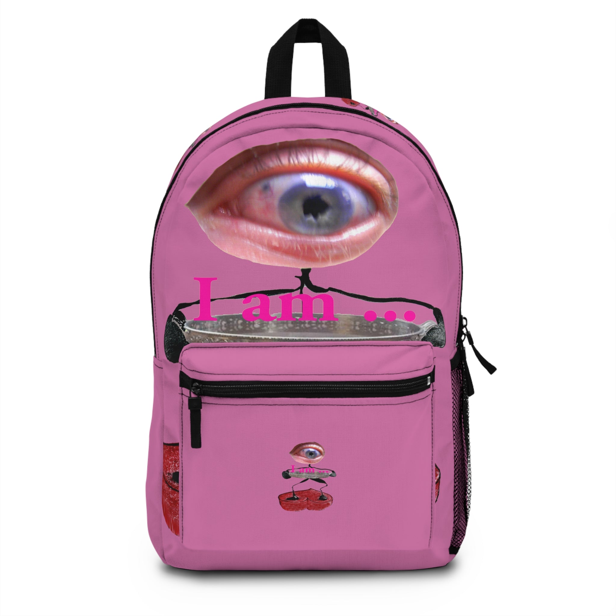 Surreal eye character art backpack on pink background from the I Am line by WG Patrick Studios.