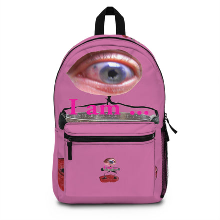 Surreal eye character art backpack on pink background from the I Am line by WG Patrick Studios.