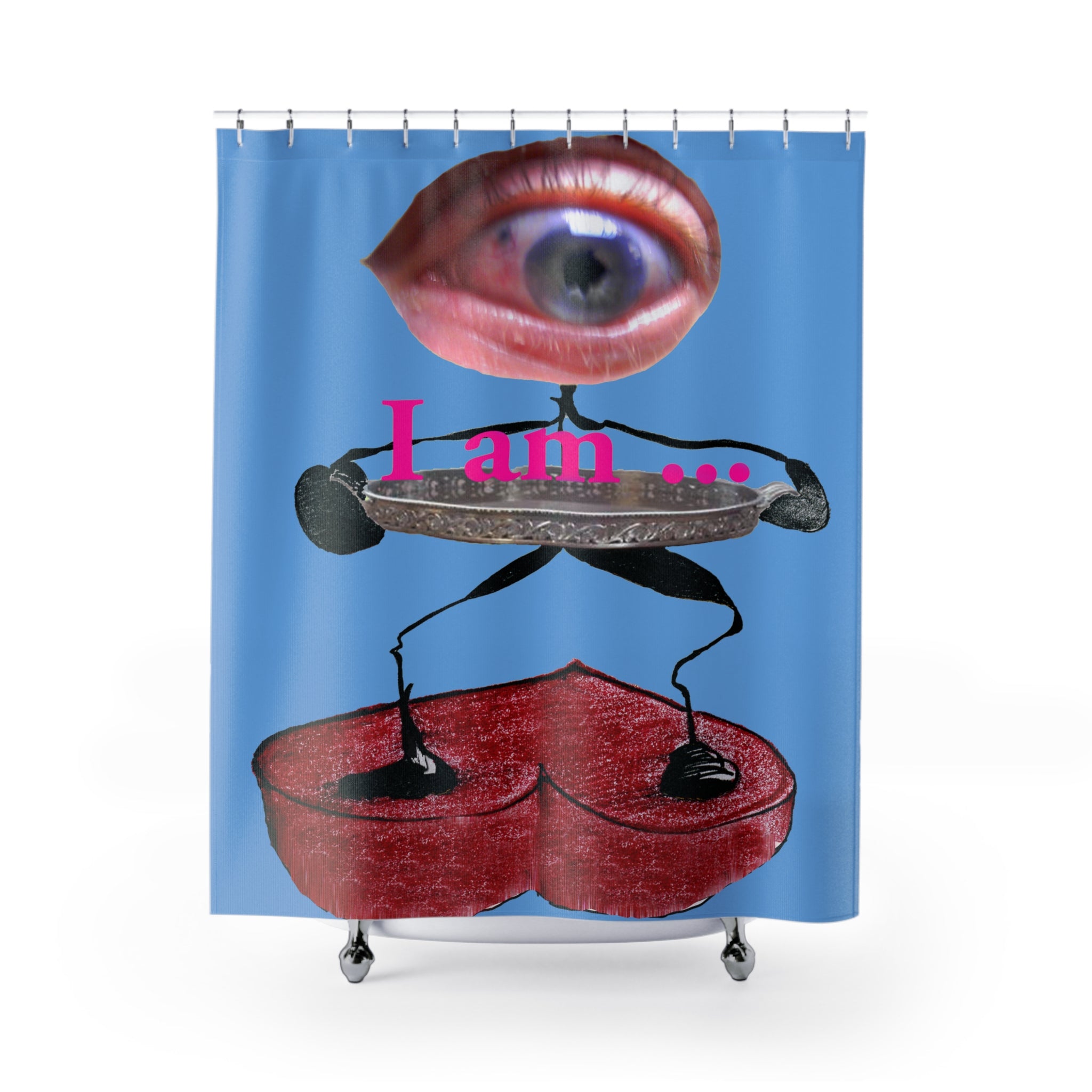 Fabric shower curtain with surreal eye and red heart figure on blue background, I Am artwork by WG Patrick Studios.