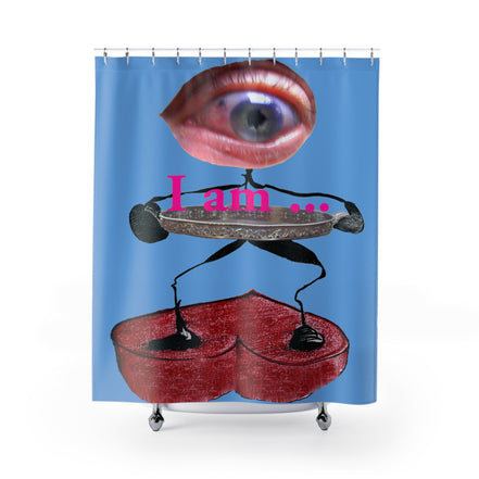 Fabric shower curtain with surreal eye and red heart figure on blue background, I Am artwork by WG Patrick Studios.