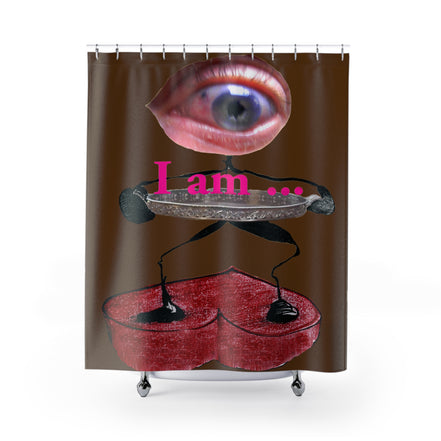 Fabric shower curtain with surreal eye and red heart figure on brown background, I Am artwork by WG Patrick Studios.