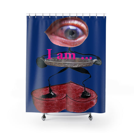 Fabric shower curtain with surreal eye and red heart figure on dark blue background, I Am artwork by WG Patrick Studios.