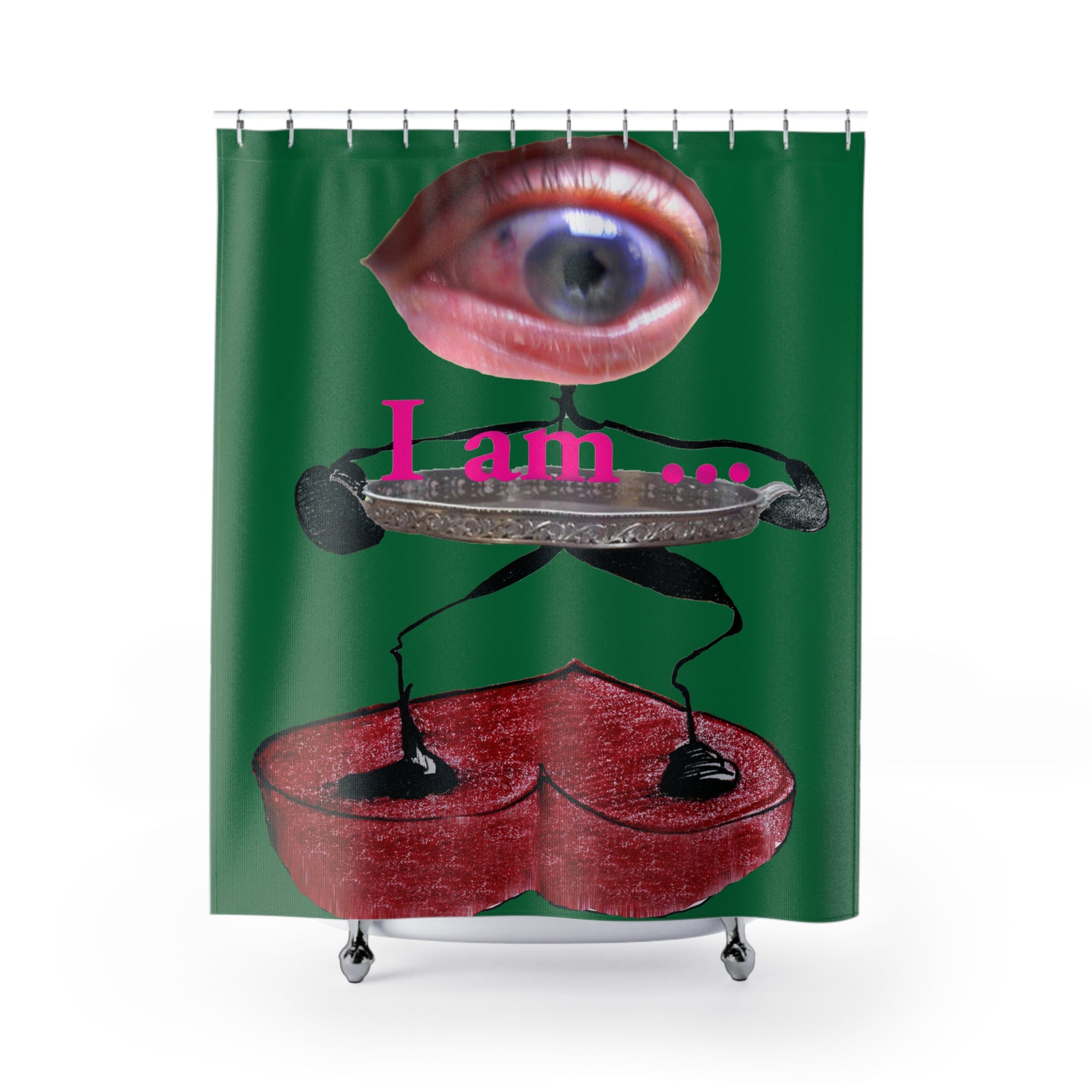 Fabric shower curtain with surreal eye and red heart figure on dark green background, I Am artwork by WG Patrick Studios.