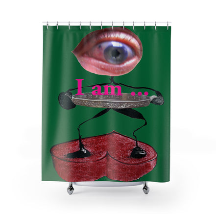 Fabric shower curtain with surreal eye and red heart figure on dark green background, I Am artwork by WG Patrick Studios.