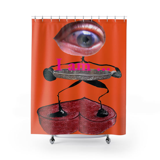 Fabric shower curtain with surreal eye and red heart figure on dark orange background, I Am artwork by WG Patrick Studios.