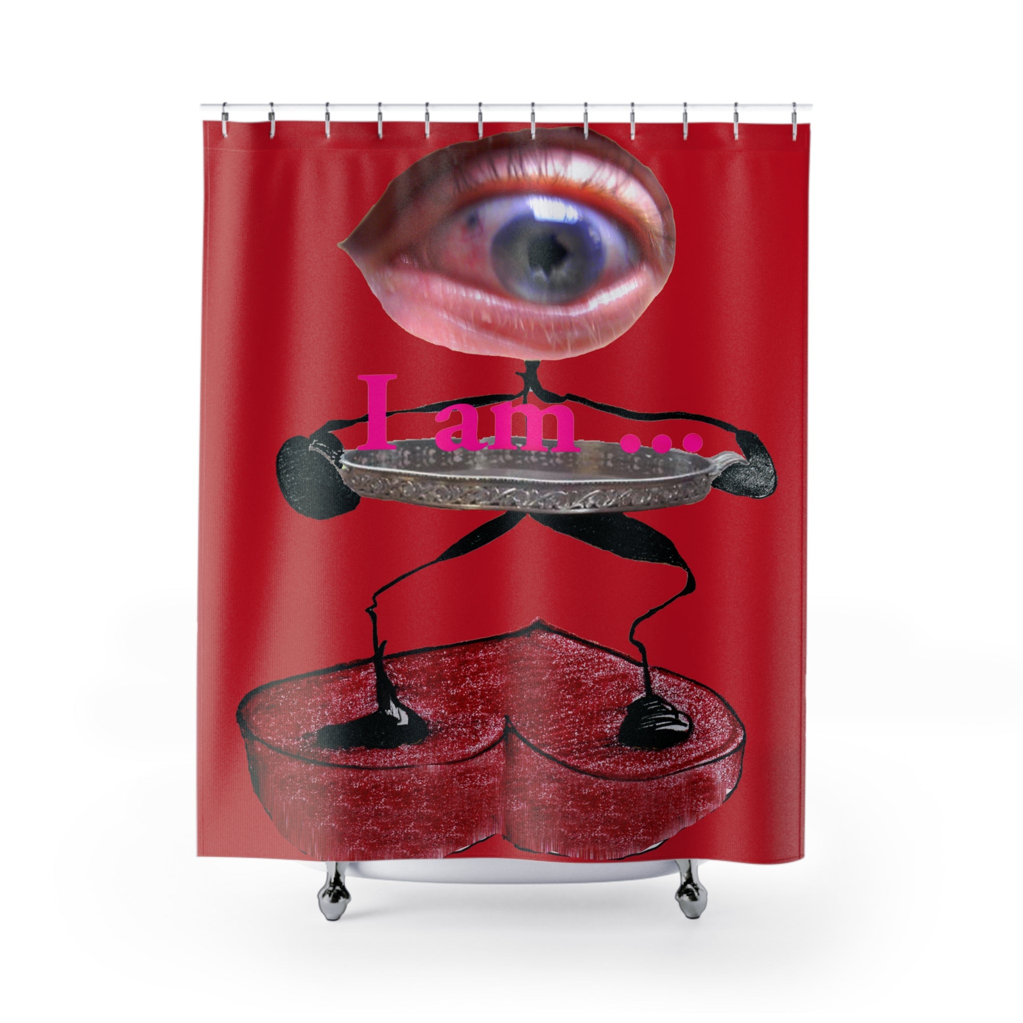Fabric shower curtain with surreal eye and red heart figure on dark red background, I Am artwork by WG Patrick Studios.