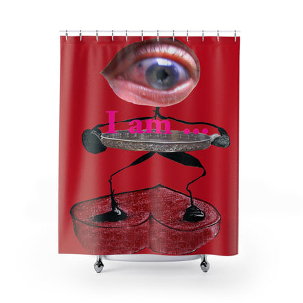 Fabric shower curtain with surreal eye and red heart figure on dark red background, I Am artwork by WG Patrick Studios.