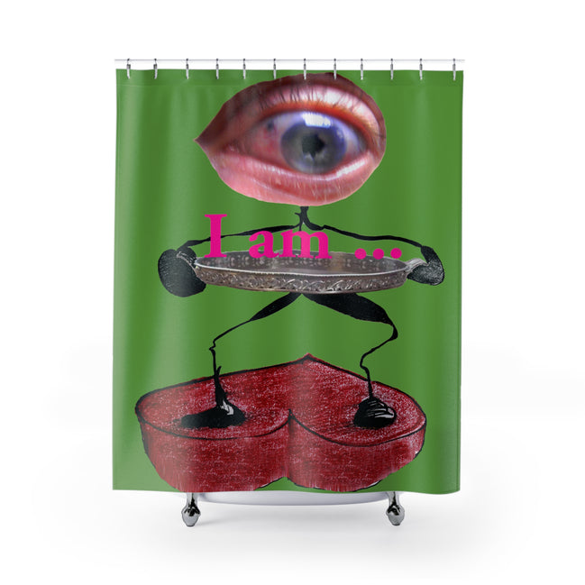 Fabric shower curtain with surreal eye and red heart figure on green background, I Am artwork by WG Patrick Studios.