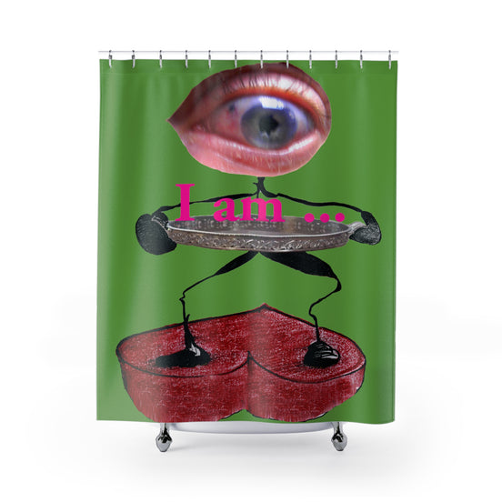 Fabric shower curtain with surreal eye and red heart figure on green background, I Am artwork by WG Patrick Studios.