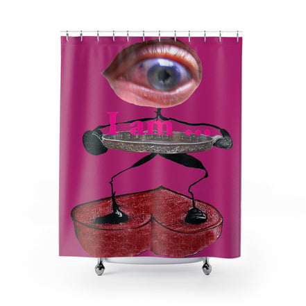 Fabric shower curtain with surreal eye and red heart figure on hot pink background, I Am artwork by WG Patrick Studios.