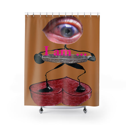 Fabric shower curtain with surreal eye and red heart figure on light brown background, I Am artwork by WG Patrick Studios