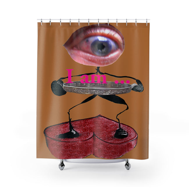 Fabric shower curtain with surreal eye and red heart figure on light brown background, I Am artwork by WG Patrick Studios