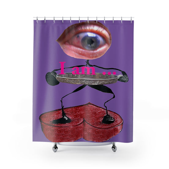 Fabric shower curtain with surreal eye and red heart figure on light purple background, I Am artwork by WG Patrick Studios.