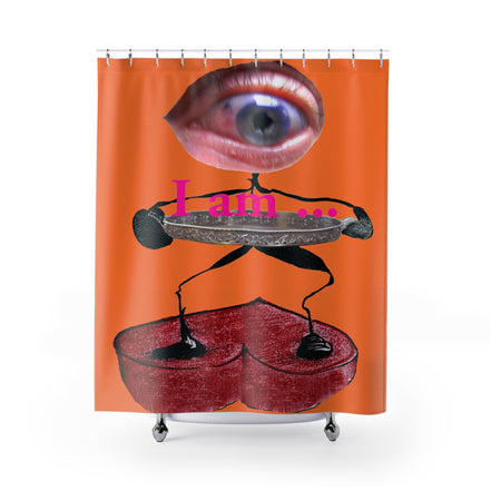 Fabric shower curtain with surreal eye and red heart figure on orange background, I Am artwork by WG Patrick Studios.