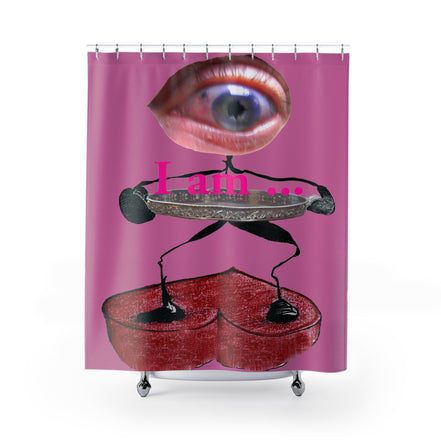 Fabric shower curtain with surreal eye and red heart figure on pink background, I Am artwork by WG Patrick Studios.