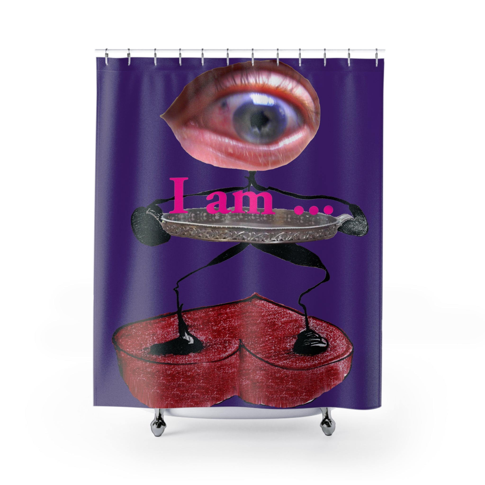 Fabric shower curtain with surreal eye and red heart figure on purple background, I Am artwork by WG Patrick Studios.