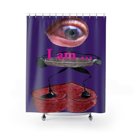 Fabric shower curtain with surreal eye and red heart figure on purple background, I Am artwork by WG Patrick Studios.
