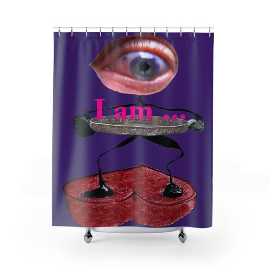 Fabric shower curtain with surreal eye and red heart figure on purple background, I Am artwork by WG Patrick Studios.