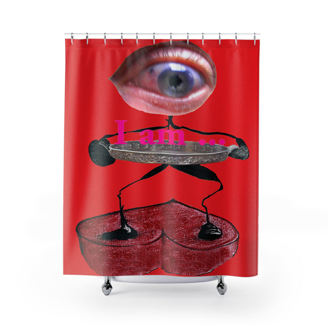 Fabric shower curtain with surreal eye and red heart figure on red background, I Am artwork by WG Patrick Studios.