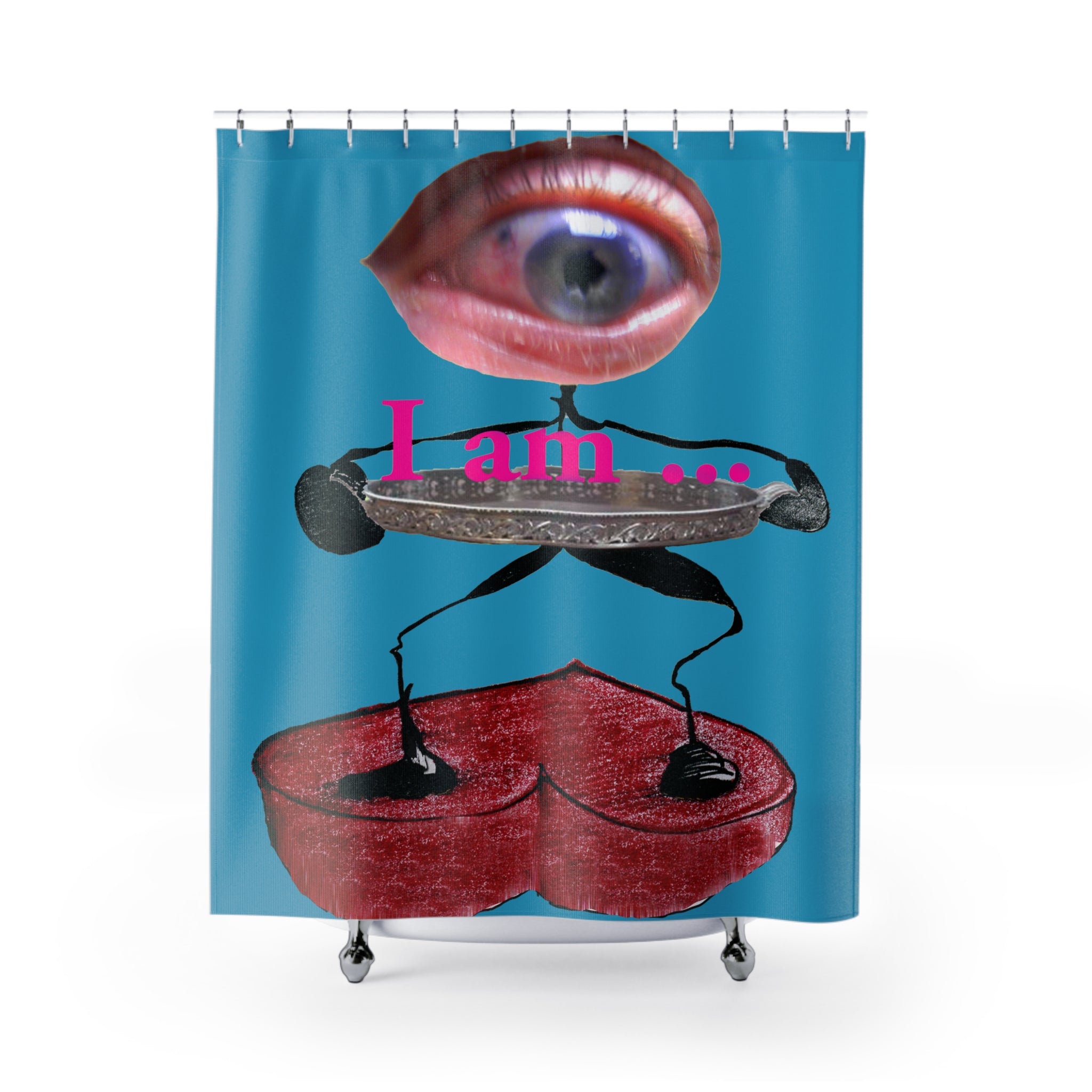 Fabric shower curtain with surreal eye and red heart figure on turquoise background, I Am artwork by WG Patrick Studios.