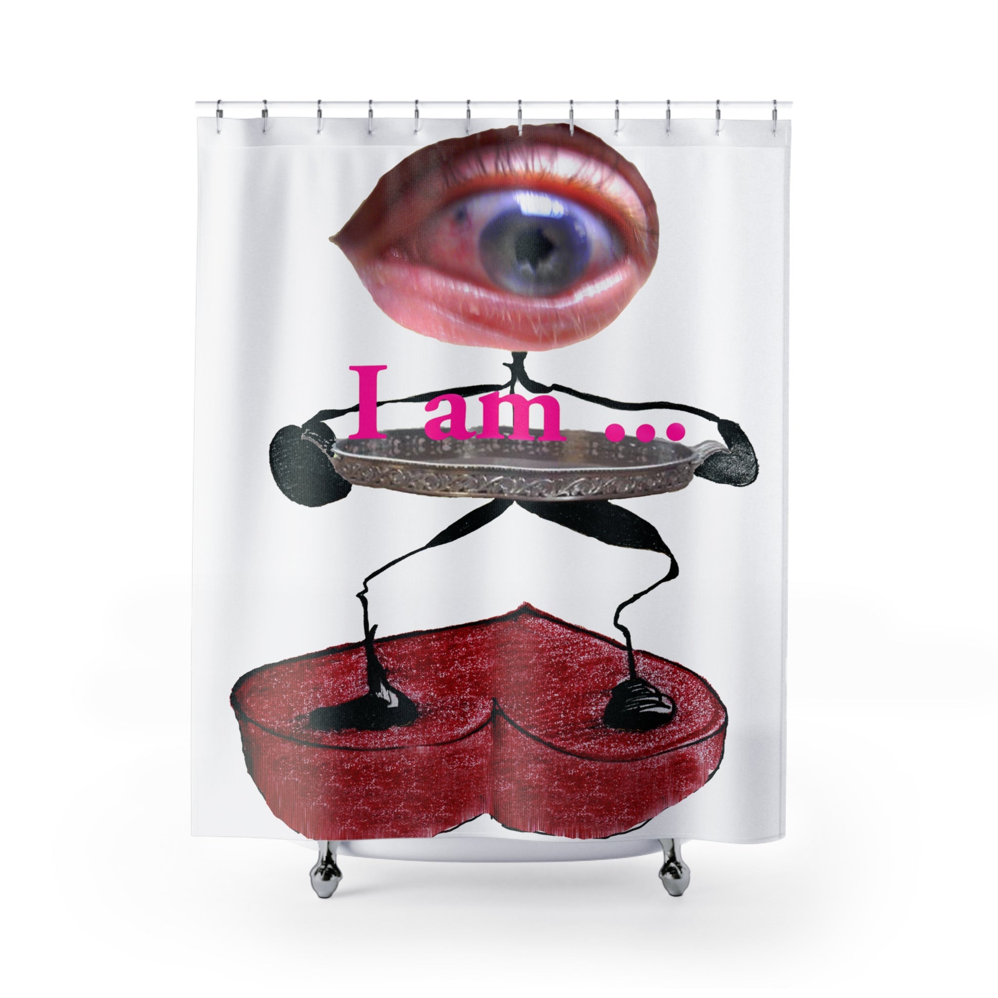Fabric shower curtain with surreal eye and red heart figure on white background, I Am artwork by WG Patrick Studios.