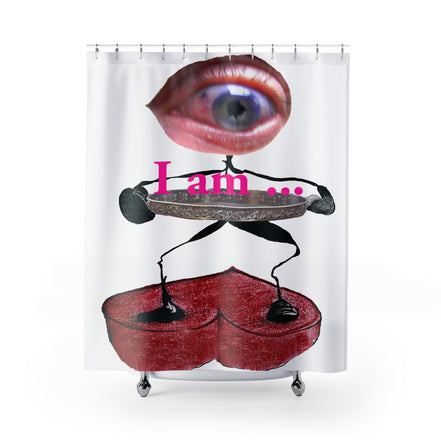 Fabric shower curtain with surreal eye and red heart figure on white background, I Am artwork by WG Patrick Studios.