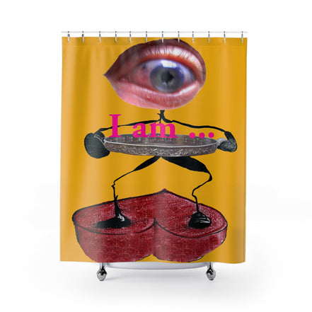 Fabric shower curtain with surreal eye and red heart figure on yellow background, I Am artwork by WG Patrick Studios.
