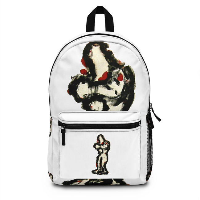 Abstract figure art backpack with lighter skin tone figure on white background, inTense artwork by WG Patrick Studios.