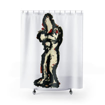 Fabric shower curtain with abstract black figure drawing on light background, inTense artwork by WG Patrick Studios.