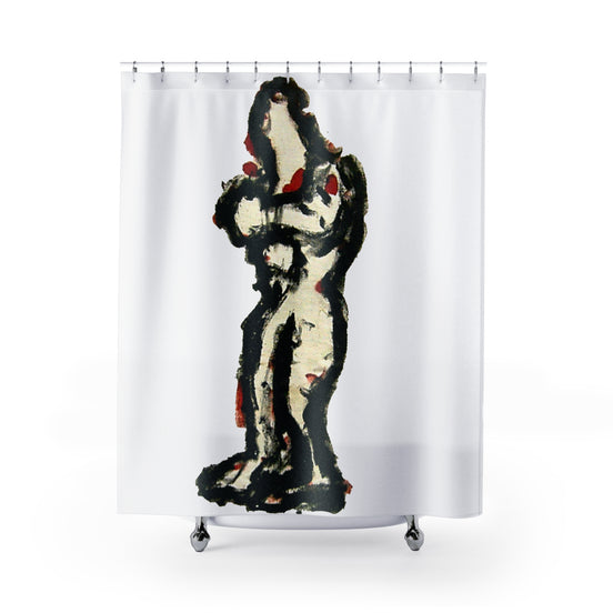 Fabric shower curtain with abstract black figure drawing on light background, inTense artwork by WG Patrick Studios.