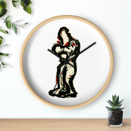 Abstract art wall clock with hand-painted In-Tense black and red standing figure on a white clock face in a light wood frame, sitting on a shelf beside a small plant.
