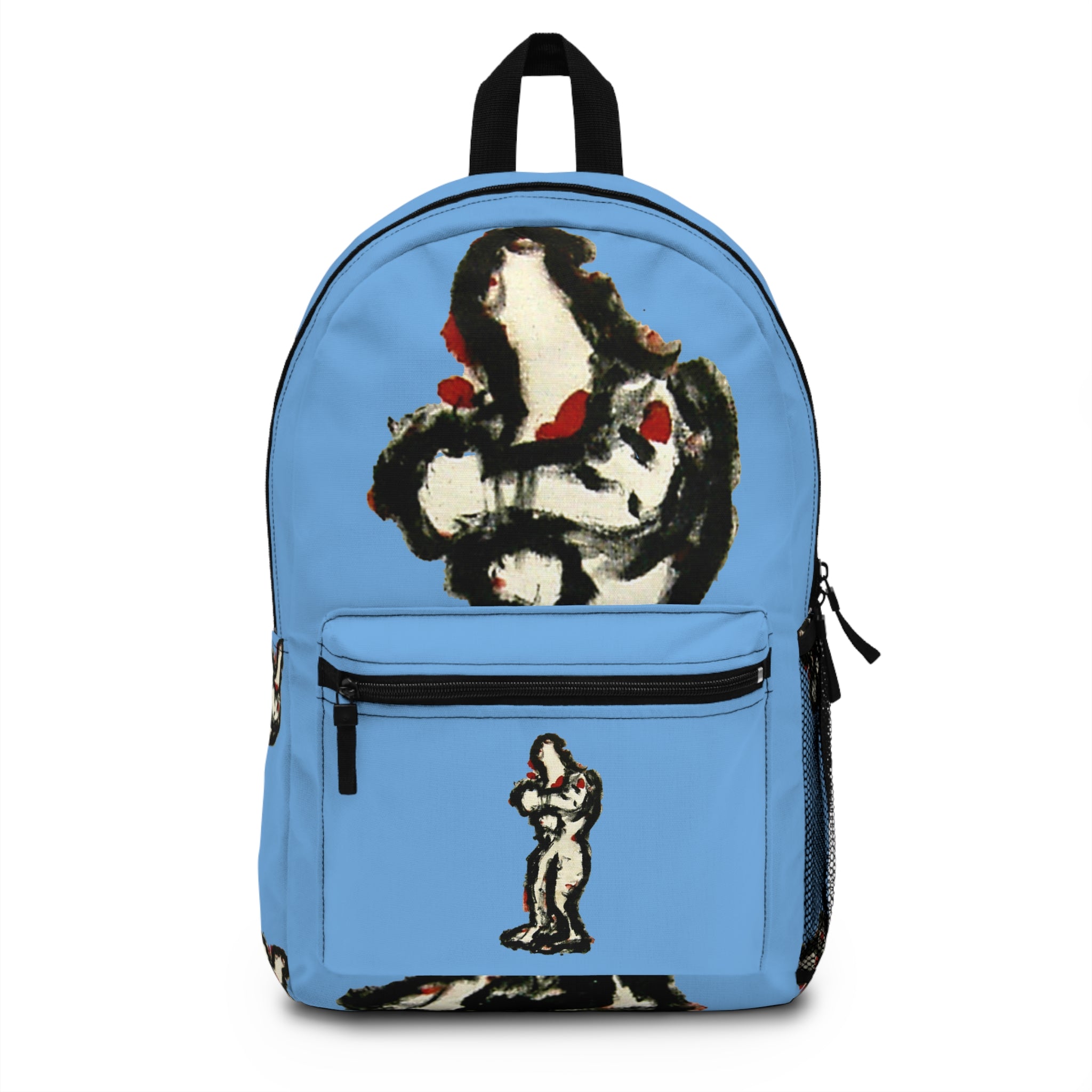 Abstract lighter skin figure on light blue background backpack, inTense artwork by WG Patrick Studios.