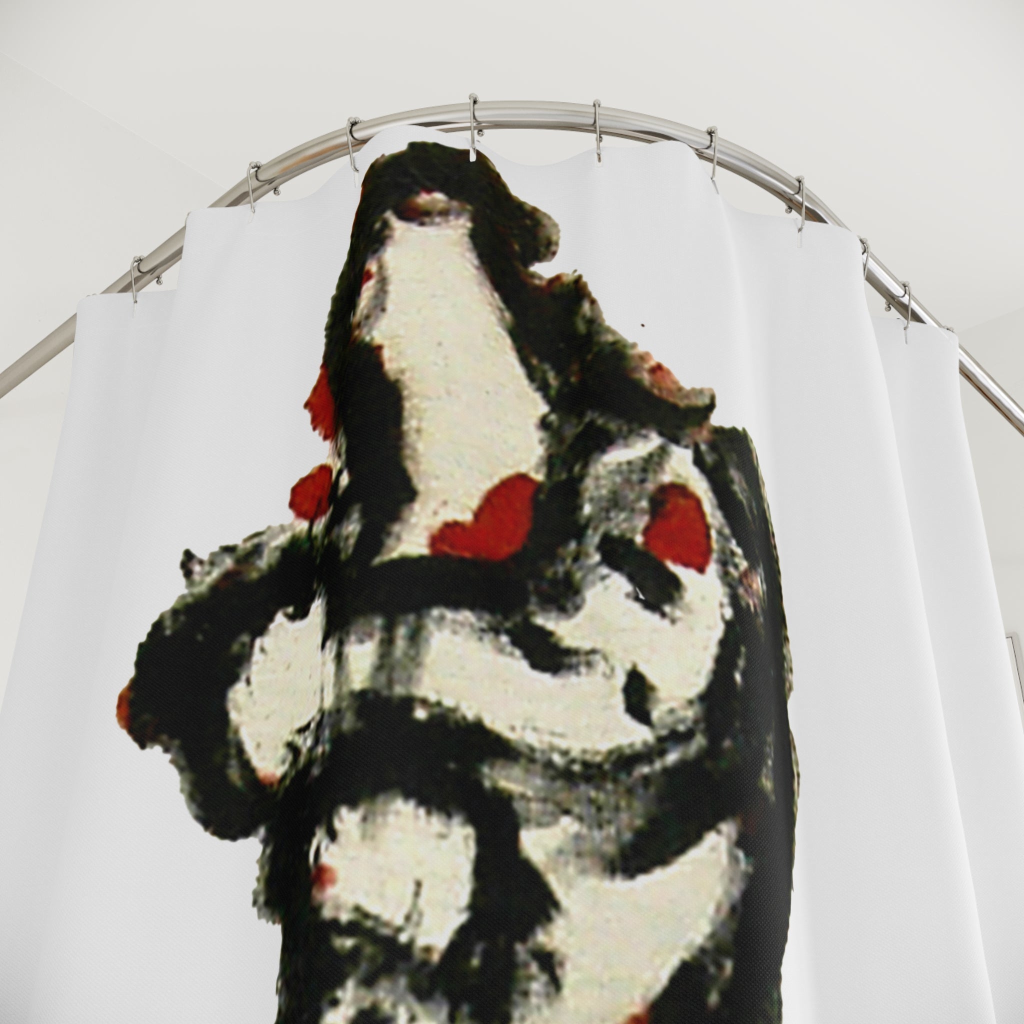 Close-up of inTense abstract figure shower curtain with expressive black brushstroke outline on cream