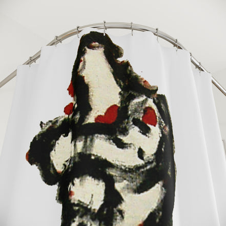 Close-up of inTense abstract figure shower curtain with expressive black brushstroke outline on cream