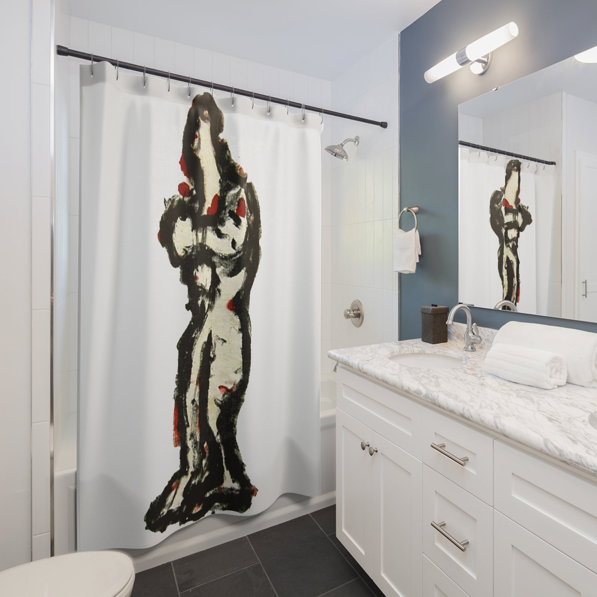 Modern bathroom styled with a statement abstract figure shower curtain in black and cream