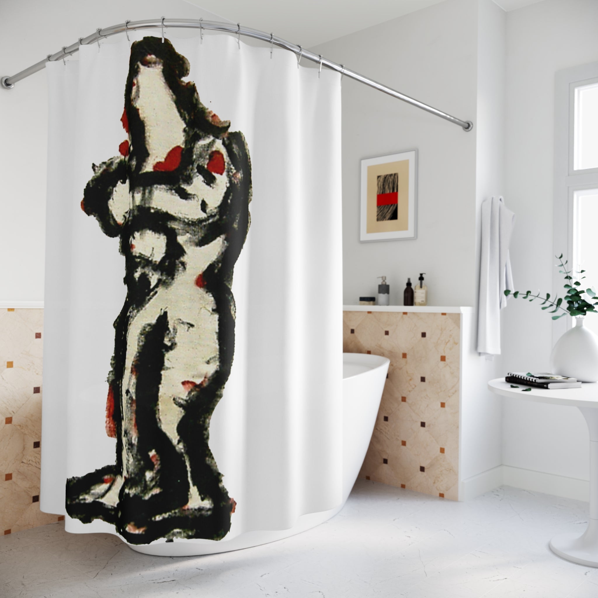 Contemporary bathroom with a large-scale abstract figure shower curtain from the inTense collection