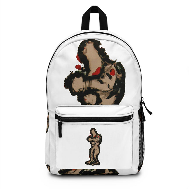 Abstract figure art backpack with deep brown skin figure on white background, inTenseA artwork by WG Patrick Studios.