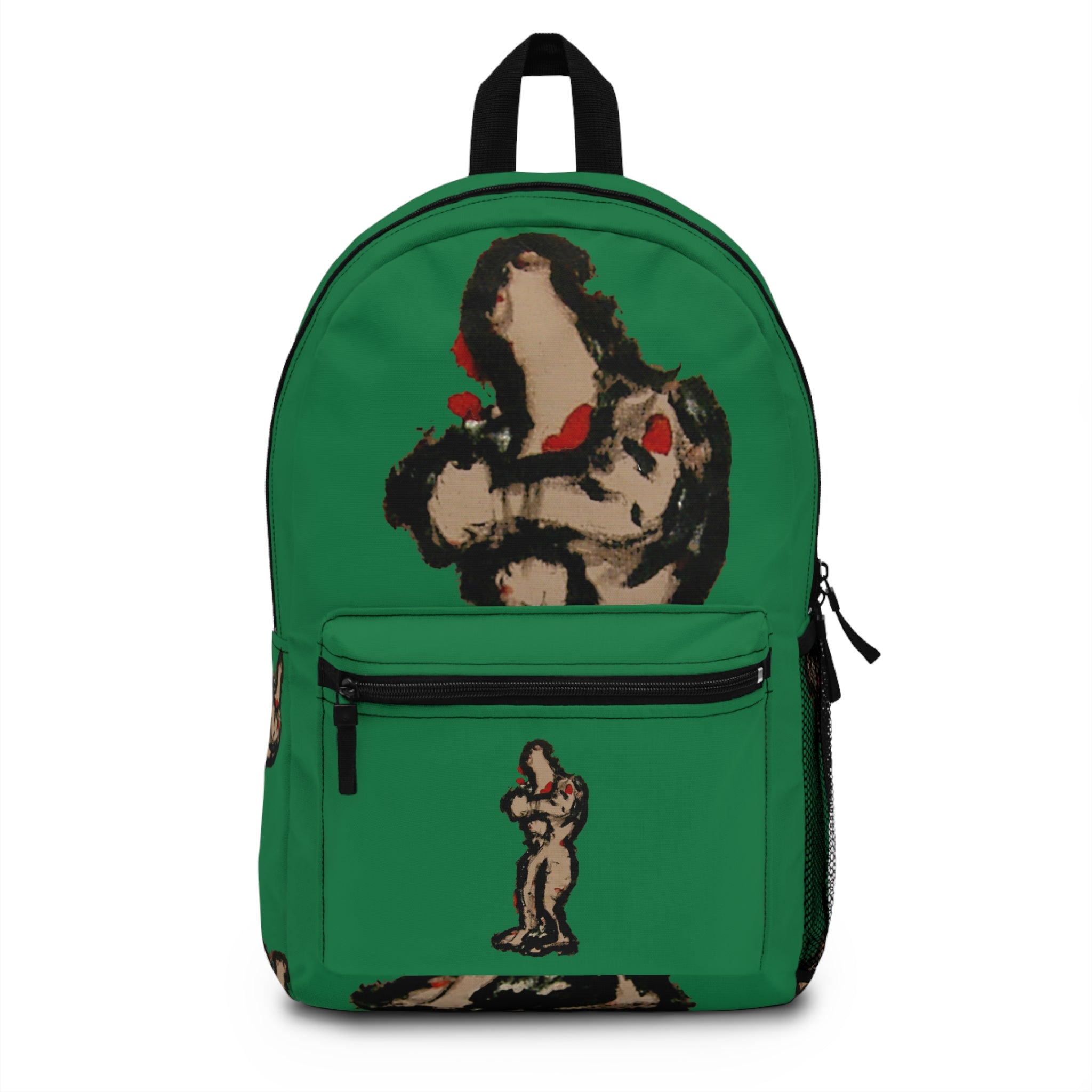 Abstract deep brown skin figure on dark green background backpack, inTenseA artwork by WG Patrick Studios.